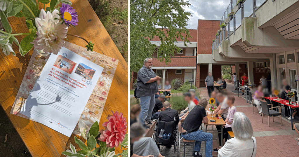 Einrichtungsleiter Thorsten Meyer-Hanke begrüßt die Teilnehmenden des Nachbarschaftsfests in der Wohn- und Tagesstätte Hannover Leinemasch.